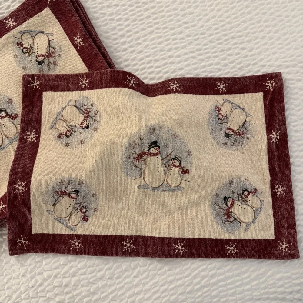 Set of 8 Rustic Snowman Placemats Burgundy Snowflake Border Christmas Holiday